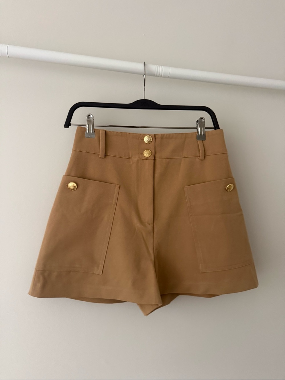 Zara Camel High-Rise Shorts with Gold Buttons